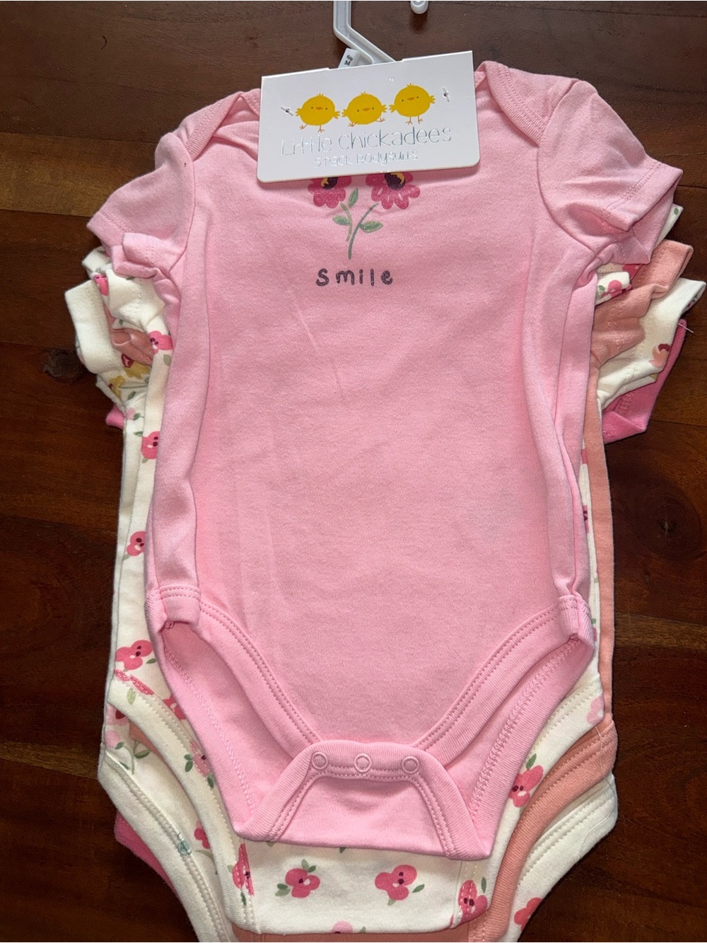 Little Chickadees Pink Floral 'Smile' Baby Bodysuit Set
